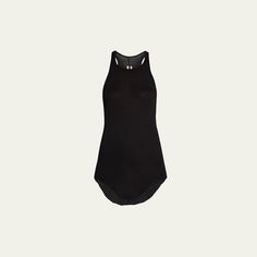 Rick Owens mini ribbed jersey tank top with a raw-cut hem Scoop neckline; racerback Sleeveless Slim fit Curved hem Pullover style Cotton Unlined Made in Italy