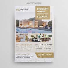 a real estate flyer is shown on a white background with gold accents and an image of a modern home