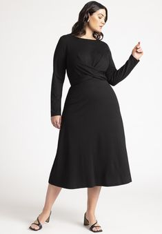 Fit And Flare Midi Dress In Elastane, Flattering Midi Length Elastane Dress, Midi Dress With Back Zipper For Work, Knee-length Elastane Dress For Fall, Flattering Knee-length Midi Dress For Fall, Fit And Flare Elastane Midi Dress, Ruched Maxi Dress For Work, Flattering Stretch Midi Dress With Long Sleeves, Stretch Maxi Dress For Workwear