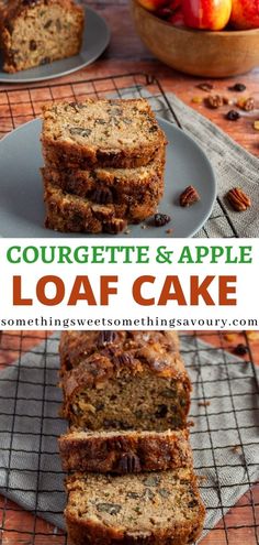 sliced loaf cake on a plate with apples in the background and text overlay that reads, curdgette & apple loaf cake