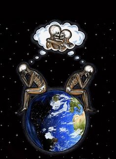 two skeletons are sitting on top of the earth