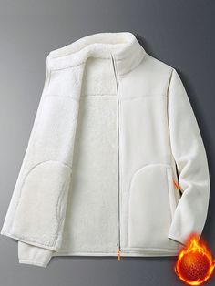 White  Collar Long Sleeve Woven Fabric Plain  Embellished Slight Stretch  Women Outdoor Apparel Winter White Sherpa Outerwear With Fleece Lining, Warm White Fleece Outerwear, White Fleece Outerwear With Fleece Lining, White Fleece Jacket For Winter, White Sherpa Outerwear For Outdoor, White Outerwear With Fleece Lining For Cold Weather, White Fleece-lined Outerwear For Cold Weather, Long Sleeve Sherpa Outerwear, Winter White Fleece Jacket With Fleece Lining