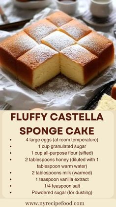 a poster with instructions for how to make flufy casteella sponge cake recipe