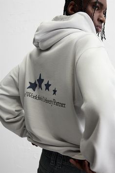 Relaxed fit hoodie sweatshirt with adjustable hooded collar. Long sleeves. Front and back contrast prints and embroidery. Rib trim. Unique Hoodies, Cargo Shirts, Shirt Blouses Tops, Blazer Vest, Embroidered Hoodie, Workout Hoodie, Sweaters Knitwear, White Hoodie, Puffer Coat