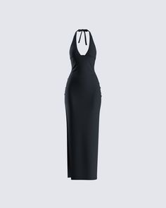 Nothing beats a sleek, yet sexy black dress for a bold entrance 😏 With its stretch jersey fabric, center front slit, and deep neck drop - this look is the epitome of allure 🖤 Finesse Dress, Ace Of Spades Tattoo, Black Halter Maxi Dress, Dress Png, Black Off Shoulder Top, Sleek Dress, Best Friend Outfits, Angel Print, Knit Maxi Skirt