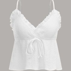 Nwt White Lettuce Trim Cami Tank Top Adjustable Straps, Vneck, Ruffle Size Medium 97% Polyester, 3% Elastane (Stretchy) [B15] White Lacy Tops, White Summer Blouse, White Summer Tops Blouses, Cute White Shirt, White Flowy Shirt, White Boho Top, White Summer Top, White Peplum Top, Belly Top