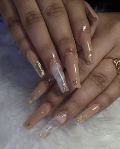 Nails Acrylic Nails Nude, Brown Acrylic Nails, Gold Acrylic Nails, February Nails, Long Acrylic Nail Designs, Classy Acrylic Nails, Long Acrylic Nails Coffin, Acrylic Nails Coffin Pink, Long Square Acrylic Nails