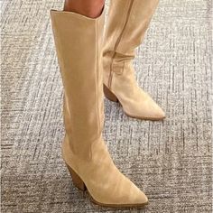 Vince Camuto Oyennda Tall Boot New No Box; No Signs Of Wear!! Size 7 M- Wide Calf ; Color: Tortilla; Tall Knee-High Shaft; Details & Care Suede Leather And Tonal Stitching Define A Sleek Pointed-Toe Boot Grounded By A Stacked Block Heel. 3" Heel 16 1/2" Shaft, 15" Regular Calf Circumference 16 1/2" Shaft, 16" Wide Calf Circumference Leather Upper/Synthetic Lining And Sole Made In Brazil Please Check All The Pics Carefully And Ask Questions Before Purchasing All Sales Are Final Smoke&Pets Free Ho Tall Tan Suede Boots Block Heel, Chic Brown Knee-high Boots With Sculpted Heel, Tall Brown Knee-high Boots, Fitted Brown Suede Knee-high Boots, Brown Suede Wide Calf Knee-high Boots, Suede Flat Boots, Tan Knee High Boots, Tall Brown Leather Boots, Vince Camuto Boots