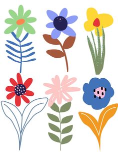 four different colored flowers with leaves and ladybug on the top one is red, yellow, blue, green