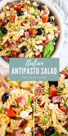 Cold Italian Pasta Salad with Fresh Mozzarella, Black Olives, Salami and Basil Pasta Antipasto Salad, Quick Italian Pasta Salad, Pasta Salad Fresh Mozzarella, Anti Pasto Pasta Salad, Salads For Pizza Party, Cold Antipasto Salad, Antipasto Pasta Salad Recipes, Simple Italian Side Dishes, Antipasto Pasta Salad Italian