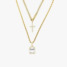 Introducing our Make A Set Pairs - Layer up with these best selling 2 Chains + 2 Pendants for up to 60% Off! Upgrade your fit without breaking the bank 💸
This product is guaranteed for life – GLD will repair or replace the item should you experience any defects in craftsmanship or breakage.
  
Set Includes
     - (1) 3mm Micro Cuban Necklace
     - (1) 2mm Rope Necklace
     - (1) Diamond Cross Micro Pendant
     - (1) Diamond Stone Pendant
Specifications
Micro Cuban Necklace 
       -Weight: 7-10 grams (varies between sizes)
       -Width: 3mm
Rope Necklace 
       -Weight: 5-8 grams (varies between sizes)
       -Width: 2mm
Diamond Cross Micro Pendant
      -Weight: 2.5 grams
      -Width x Height: 0.5" x 0.65" 
Diamond Stone Pendant
      -Weight: 2.5 grams
      -Width x Height: 1/4" Cuban Necklace, Diamond Cross, Vermeil Jewelry, Custom Earrings, Rope Necklace, Drop Necklace, Pendant Bracelet, Stone Pendant, The Bank