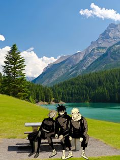 two people sitting on a bench in front of a lake with mountains and trees behind them