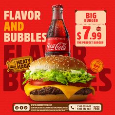 a large hamburger with lettuce, tomato and cheese next to a bottle of soda