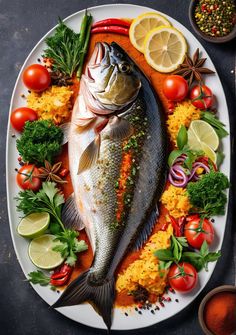 a fish is on a plate with some vegetables and lemons next to other foods