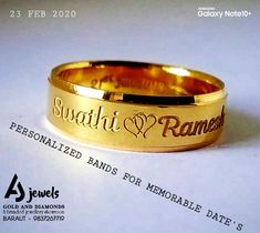 a gold wedding band with the words sugith and ramness engraved on it