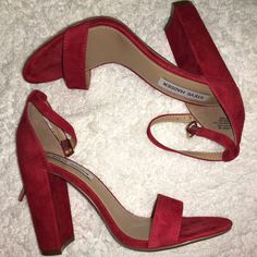 Genuine Suede Brand New Never Worn No Trades Size 8 Red Heels With Padded Heel For Fall, Casual Red Heels With Ankle Strap, Red Casual Ankle Strap Heels, Red Block Heel Shoes With Heel Loop, Red Suede High Heels, Red Ankle Strap Heels For Fall, Red Open Toe Heels For Fall, Fall Season Red Open Toe Heels, Red Suede Ankle Strap Heels