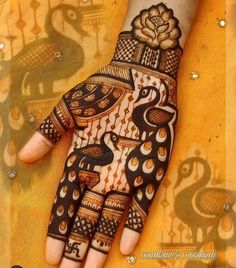 the hand is decorated with black and white henna designs on it's palm