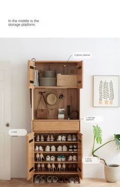 a wooden cabinet filled with lots of shoes next to a potted plant and door