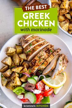 the best greek chicken with marinade on a white plate next to potatoes and cucumbers