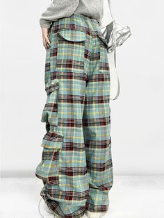 These pants feature an all-over plaid pattern and come with cargo pockets. Designed in a straight-leg fit, they are perfect for flattering the leg shape and providing a slimming effect. The sides of the legs are adorned with ruched detailing for added style.  The price includes only one pair of pants.   	 		 			Size 			S 			M 			L 		 		 			Waist 			64 			68 			72 		 		 			Length 			104 			105 			106 		 		 			Hips 			92 			96 			100 Trendy Plaid Bottoms With Pockets, Vintage Full-length Cargo Pants With Side Pockets, Casual Wide-leg Patchwork Cargo Pants, Cotton Patchwork Cargo Trousers, Plaid Trousers With Pockets, Retro Plaid Bottoms With Pockets, Pu Skirt, Purple Plaid, Leg Sleeves