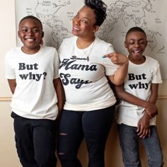 "When they ask but why? Hit them with \"Because Mama Says\" Cute and adorable matching mama and mini set. Natural Color full print Because Mama Says Adult T-shirt and Newborn Baby, toddler, and kids youth shirt But Why? The Shirts are Unisex Sizing. *Suggest women to size down for more of a traditional women's fit. Kids run true to size. See Our Mama Says Mustard Yellow Full Size or Pocket Design below:" Matching Family Letter Print T-shirt, White Tops With Funny Parenting Text, White T-shirt With Funny Text For Parenting, White T-shirt With Funny Parenting Text, Funny Customizable Tops For Family, Cute Parenting T-shirt With Letter Print, Mother's Day Family Tops With Funny Text, Funny Tops With Text For Parenting, Funny Parenting Tops With Text