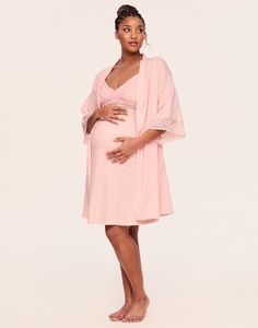 Elegant, lace trimmed kimono sleeves will make this your prettiest maternity and nursing robe. Pair it with the matching Rachelle Robe for an luxe set. Lace trimmed kimono sleeve Ample coverage to cover the bump Designed for pregnancy or after baby Knee length Soft rayon / spandex knit Nylon / spandex lace Feminine Robe With Lace Trim For Loungewear, Feminine Lace Trim Robe For Loungewear, Ruffle Robe Maternity, V-neck Robe With Lace Trim For Daywear, Pink V-neck Spring Robe, Nursing Robe, Pink V-neck Robe For Loungewear, Spring Nursing-friendly Long-sleeve Sleepwear, Adore Me