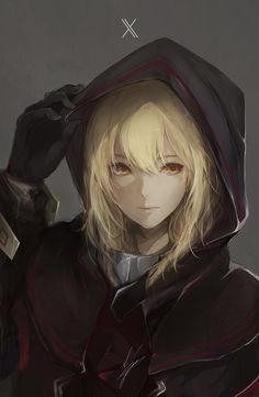 an anime character with blonde hair wearing a hoodie and holding a knife in her hand