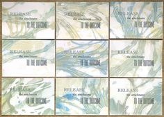 six business cards with the words release to the unknown on them in blue and green ink