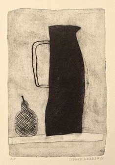 a black and white drawing of a vase with a pear on the table next to it