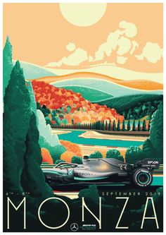 an art print of a car driving down the road in front of mountains and trees