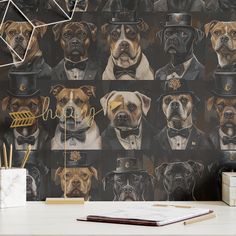 the dogs are dressed up in top hats and bow ties for this wallpaper mural