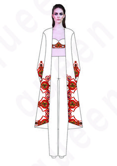 a drawing of a woman's white outfit with red and orange designs on it