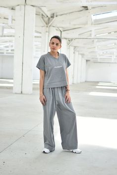 "Loungewear Set of 2, Wide Leg Pants, Short Sleeve Top ◈ Stylish and chic fashion is our shared dream! You can be sure that this piece is made with a lot of love and craftsmanship. ◈ S I Z I N G ◈ The model wears size S. This item is available from XS to 2XL. Please, have a look at my Size Chart below before placing your order. The model in the picture is 63'' (160 cm) tall. ◈ D E L I V E R Y ◈ This item will be shipped in up to 5 days after your order was placed. We use Express worldwide shippi Casual Cotton Loungewear Pant Set, Casual Relaxed Fit Pant Set For Loungewear, Casual Relaxed Fit Cotton Pant Set, Casual Sets With Elastic Waistband And Wide-leg Pants, Casual Set With Elastic Waistband And Wide-leg Pants, Casual Cotton Sets With Trousers, Casual Workwear Sets With Trousers, Casual Cotton Trousers Set, Casual Workwear Trousers Set