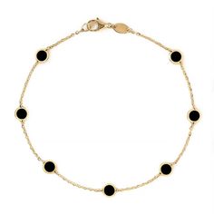 Semi-Precious Onyx Circles adorn a minimal 14K Solid Yellow Gold chain. The perfect gift for December birthdays 14K Solid Gold Onyx Gemstones Chain Thickness 1mm Circle Accents 4.6mm Chain Length: 6-6.75in(15-17cm), 6.75-7.5in(17-19cm) Hypoallergenic, lead and nickel free #BS076 Luxury Bracelets With Delicate Chain, Elegant Black Chain Bracelets, Elegant Black Chain Bracelet, Polished Black Bracelets, 14k Gold Black Jewelry With 17 Jewels, Black 14k Gold Jewelry With 17 Jewels, Elegant Onyx Jewelry With Tarnish Resistance, Luxury Black 14k Gold Jewelry With 17 Jewels, Elegant Onyx Jewelry Tarnish Resistant