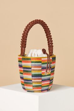 Woven Handle Lunchpail / Rainbow Check – Cesta Collective Rwanda Africa, Lunch Pail, Trending Handbag, Women Artisans, Sustainable Materials, Nappa Leather, The Rainbow, Leather Handle, Rainbow Colors