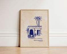 a blue and white drawing of a house with a palm tree on the roof next to it