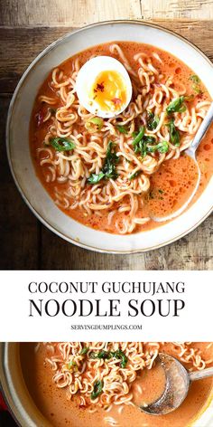 two bowls of noodle soup with an egg on top and the words coconut guchuang noodle soup above it