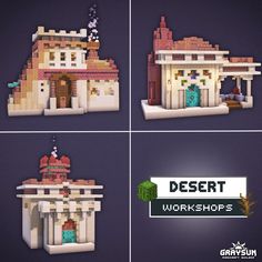 four different images of a building made out of lego blocks with the words desert workshop on it