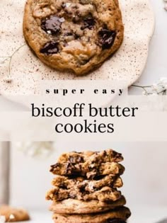 three cookies stacked on top of each other with the words super easy biscoff butter cookies