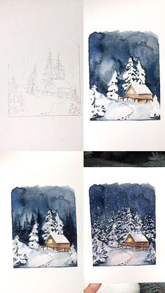 four different pictures of snow covered trees and houses in the woods, with one being drawn