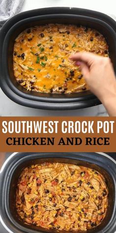 southwest crock pot chicken and rice recipe in an oval casserole dish with the title above it