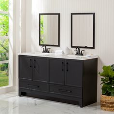 a bathroom with two sinks and mirrors on the wall next to a potted plant