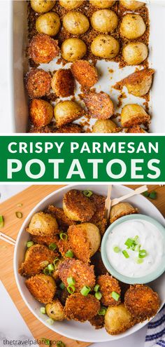 crispy parmesan potatoes in a bowl with ranch dressing