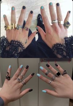 Harry Styles nails, harry styles nails’ colour, harry styles black and cyan nails Black Colour Nails, Harry Styles Nail Inspo Acrylic, Black And Colour Nails, Harry Styles Nails Acrylic, Harry Style Nail, Harry Style Nail Ideas, Harry Styles Inspired Nails Acrylic, Acrylic Nails Harry Styles, Harry Nails Inspired