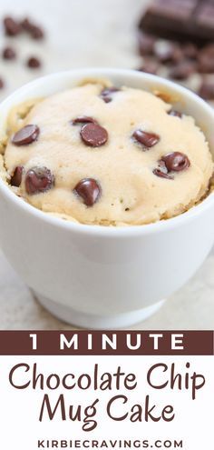 chocolate chip mug cake in a white bowl with text overlay that reads 1 minute chocolate chip mug cake