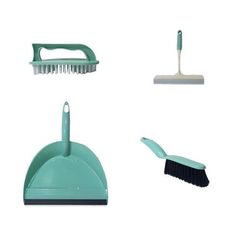 various cleaning supplies including a broom, brush and dustpans on a white background