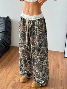 Women's Fall/Winter Back To School Basic Knit Camo Stretchy Comfortable Army Green Wide Leg Sweatpants Green    Knitted Fabric Colorblock,All Over Print Wide Leg Slight Stretch  Women Clothing, size features are:Bust: ,Length: ,Sleeve Length: Camo Sweatpants Outfit, Forest Pants, Camo Sweatpants, Sweatpants Outfit, Wide Leg Sweatpants, Coverup Skirt, Camo Pants, Sweat Pants, Girl Falling