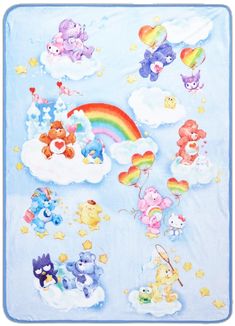 a blanket with teddy bears and rainbows in the sky on blue background, surrounded by clouds