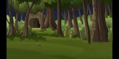 an animated forest scene with trees and grass