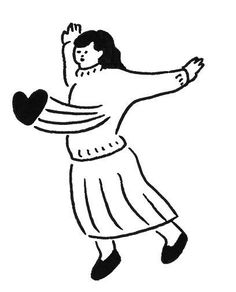 a black and white drawing of a woman with her arms outstretched, holding a heart